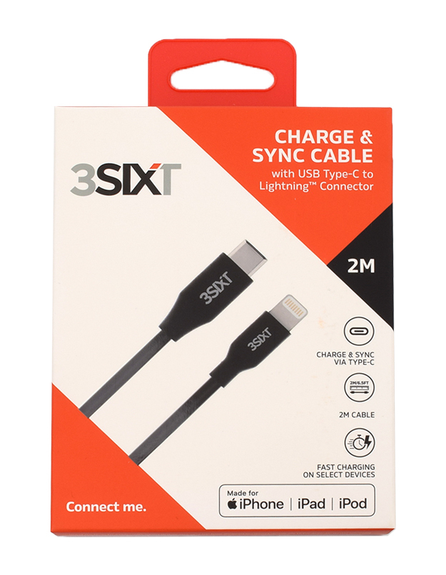 Charge & Sync Cable USBC to Lightning 2m Black 3SIXT