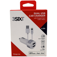 Dual USB Car Charger with Lightning Charge & Sync Cable - 3SIXT