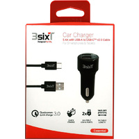 Qualcomm Quick Charge Dual USB Car Charger with USB-C Charge and Sync Cable - 3SIXT