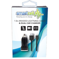 1.5m Braided Lightning Cable & Dual Car Charger - Smartcell 