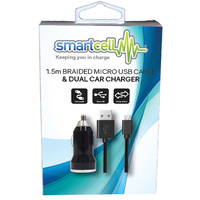 1.5m Braided Micro USB Cable & Dual Car Charger - Smartcell 