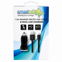 1.5m Braided Micro USB Cable & Dual Car Charger - Smartcell 